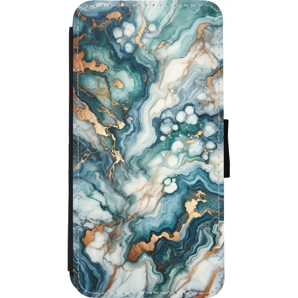 Coque iPhone 11 Pro Max - Wallet noir Marbre Vert Bleu Doré