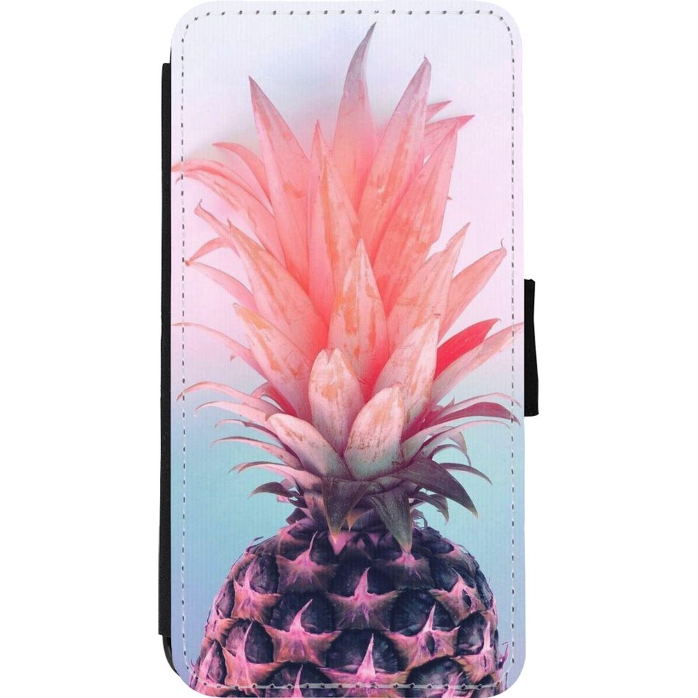 Coque iPhone 11 Pro Max - Wallet noir Purple Pink Pineapple