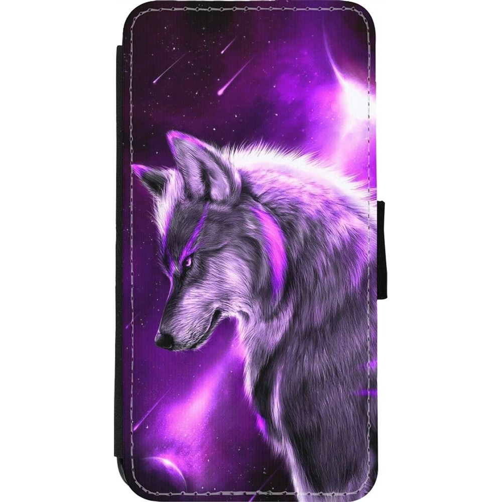 Coque iPhone 11 Pro Max - Wallet noir Purple Sky Wolf