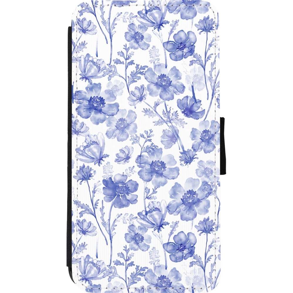 Coque iPhone 11 Pro Max - Wallet noir Spring 23 watercolor blue flowers