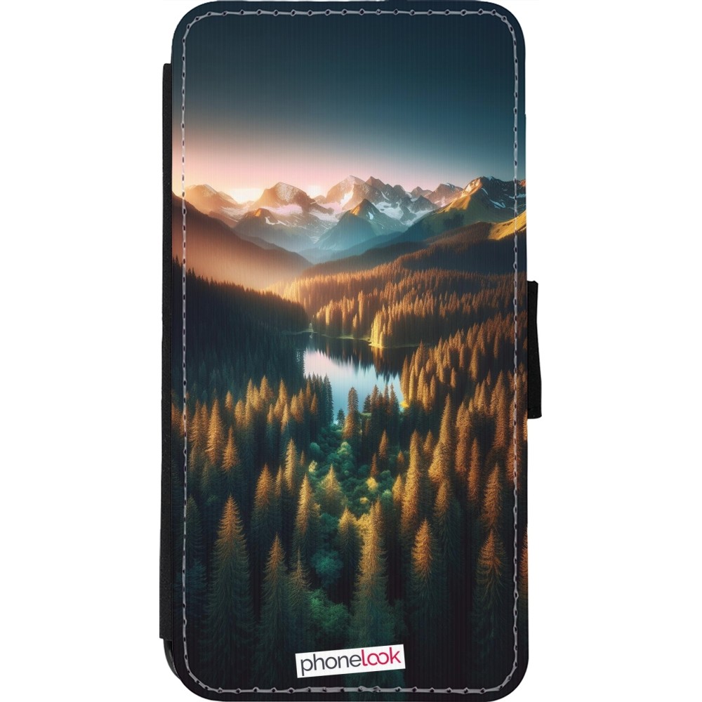 Coque iPhone 11 Pro Max - Wallet noir Sunset Forest Lake