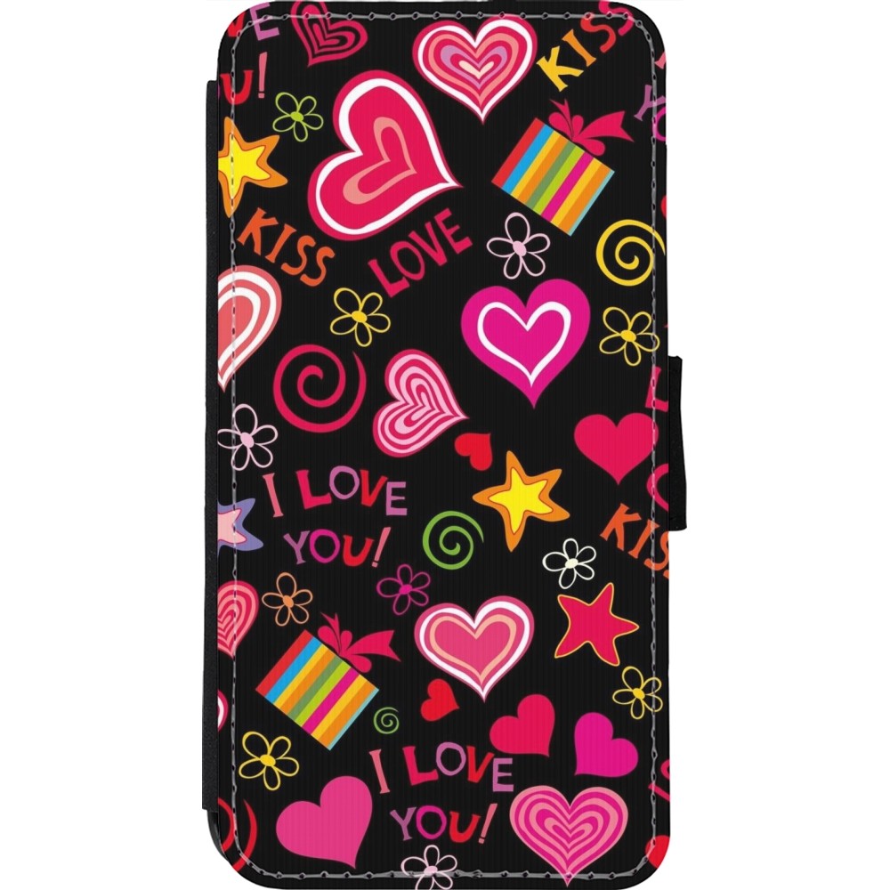 Coque iPhone 11 Pro Max - Wallet noir Valentine 2023 love symbols