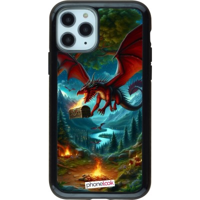 Coque iPhone 11 Pro - Hybrid Armor noir Dragon Volant Forêt Trésor