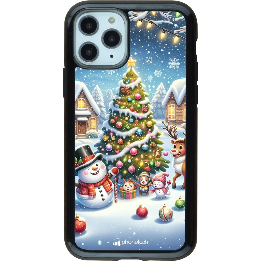 Coque iPhone 11 Pro - Hybrid Armor noir Noël 2023 bonhomme de neige et sapin