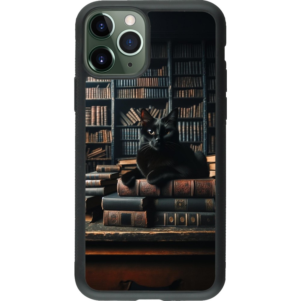 Coque iPhone 11 Pro - Silicone rigide noir Chat livres sombres