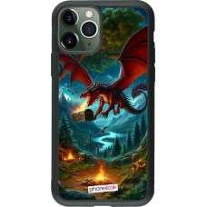 Coque iPhone 11 Pro - Silicone rigide noir Dragon Volant Forêt Trésor