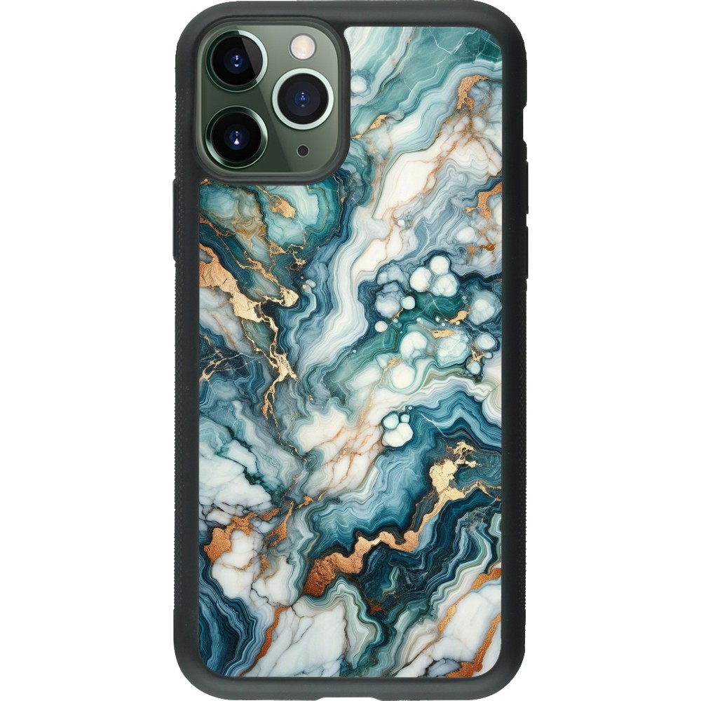 Coque iPhone 11 Pro - Silicone rigide noir Marbre Vert Bleu Doré