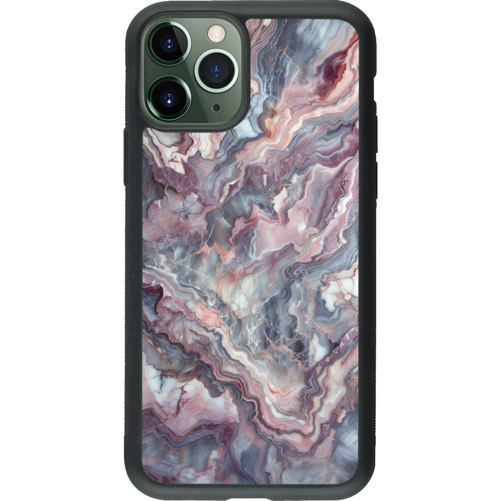 Coque iPhone 11 Pro - Silicone rigide noir Marbre violette argentée