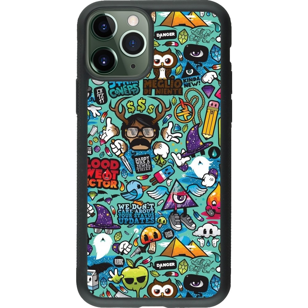 Coque iPhone 11 Pro - Silicone rigide noir Mixed Cartoons Turquoise