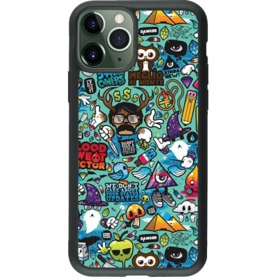 Coque iPhone 11 Pro - Silicone rigide noir Mixed Cartoons Turquoise