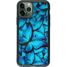 Coque iPhone 11 Pro - Silicone rigide noir Papillon - Bleu