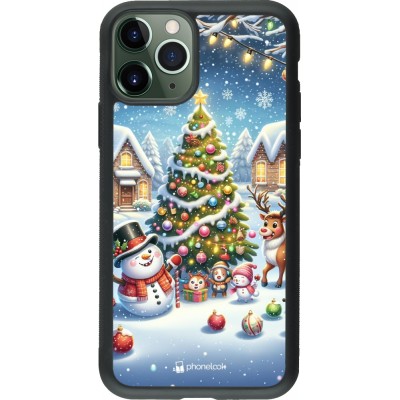 Coque iPhone 11 Pro - Silicone rigide noir Noël 2023 bonhomme de neige et sapin