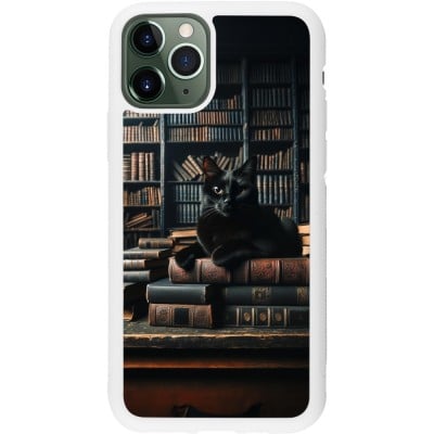 Coque iPhone 11 Pro - Silicone rigide blanc Chat livres sombres