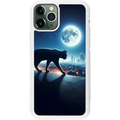 Coque iPhone 11 Pro - Silicone rigide blanc Chat noir sous la pleine lune