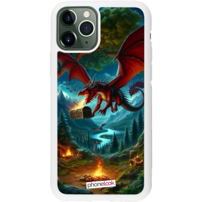 Coque iPhone 11 Pro - Silicone rigide blanc Dragon Volant Forêt Trésor