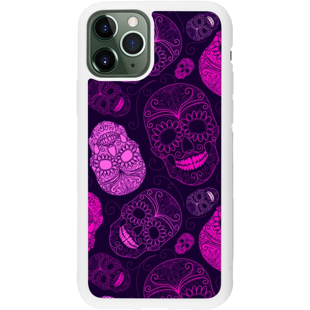 Coque iPhone 11 Pro - Silicone rigide blanc Halloween 2023 pink skulls