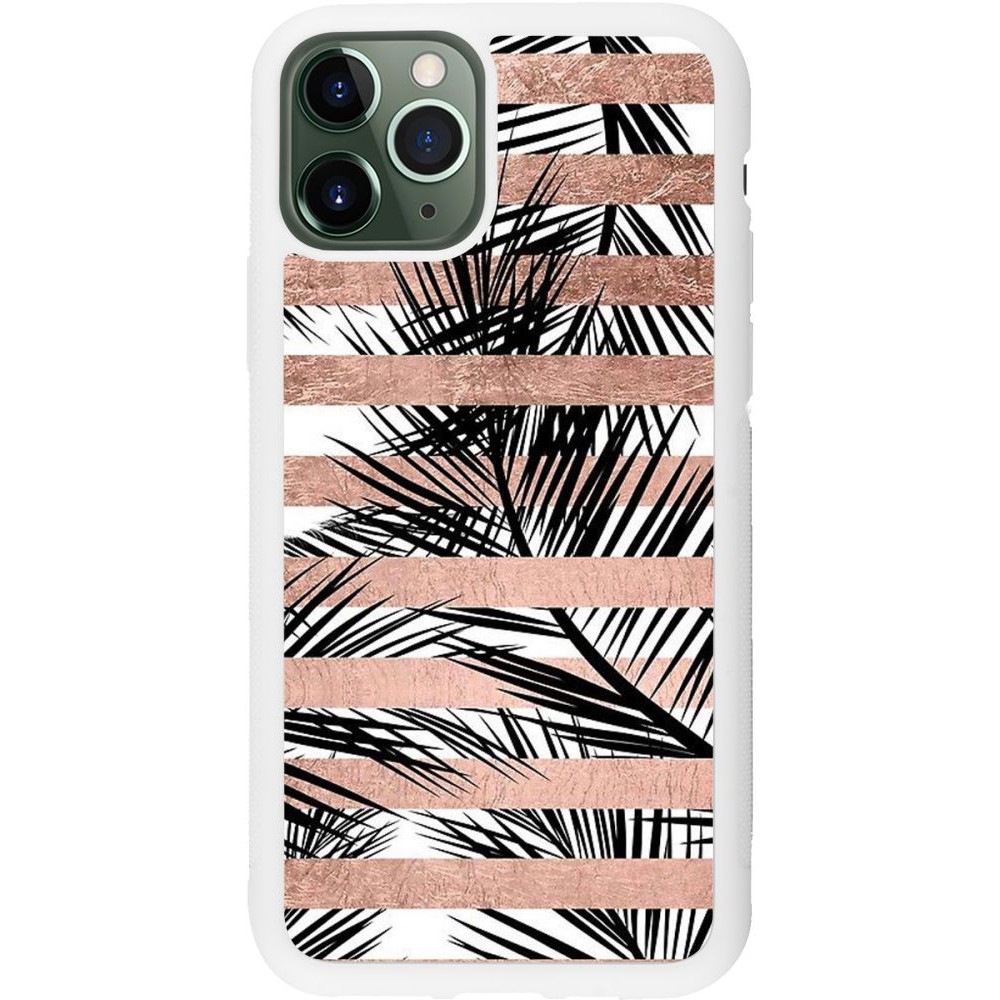 Coque iPhone 11 Pro - Silicone rigide blanc Palm trees gold stripes