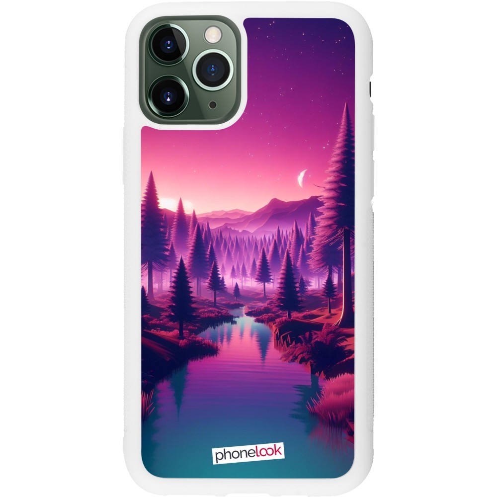 Coque iPhone 11 Pro - Silicone rigide blanc Paysage Violet-Rose