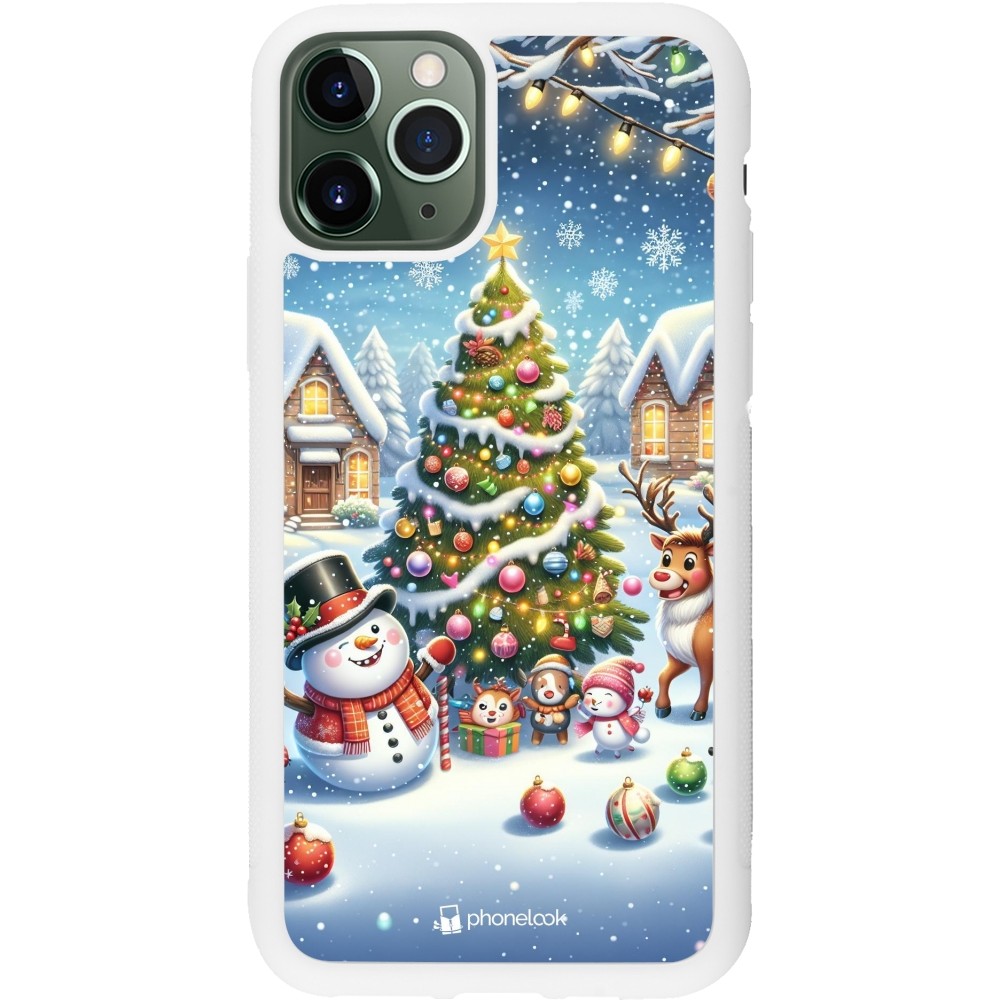 Coque iPhone 11 Pro - Silicone rigide blanc Noël 2023 bonhomme de neige et sapin