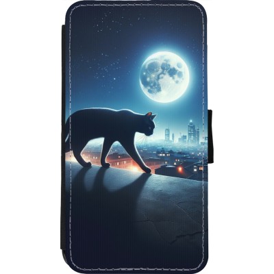 Coque iPhone 11 Pro - Wallet noir Chat noir sous la pleine lune