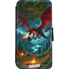 Coque iPhone 11 Pro - Wallet noir Dragon Volant Forêt Trésor