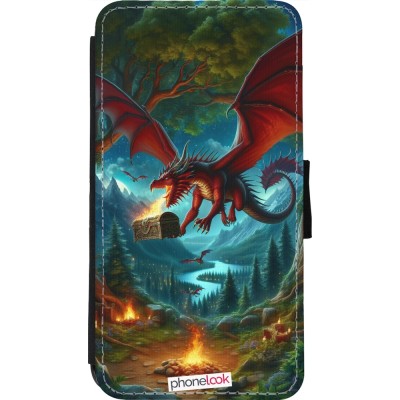 Coque iPhone 11 Pro - Wallet noir Dragon Volant Forêt Trésor