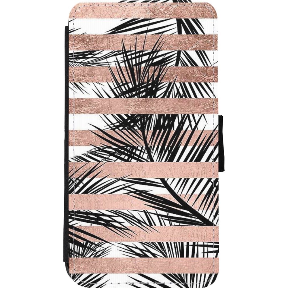 Coque iPhone 11 Pro - Wallet noir Palm trees gold stripes