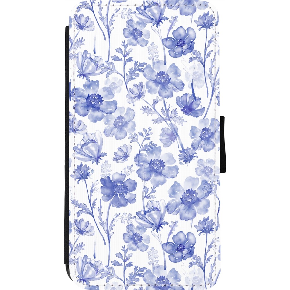 Coque iPhone 11 Pro - Wallet noir Spring 23 watercolor blue flowers