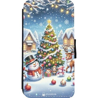 Coque iPhone 11 Pro - Wallet noir Noël 2023 bonhomme de neige et sapin