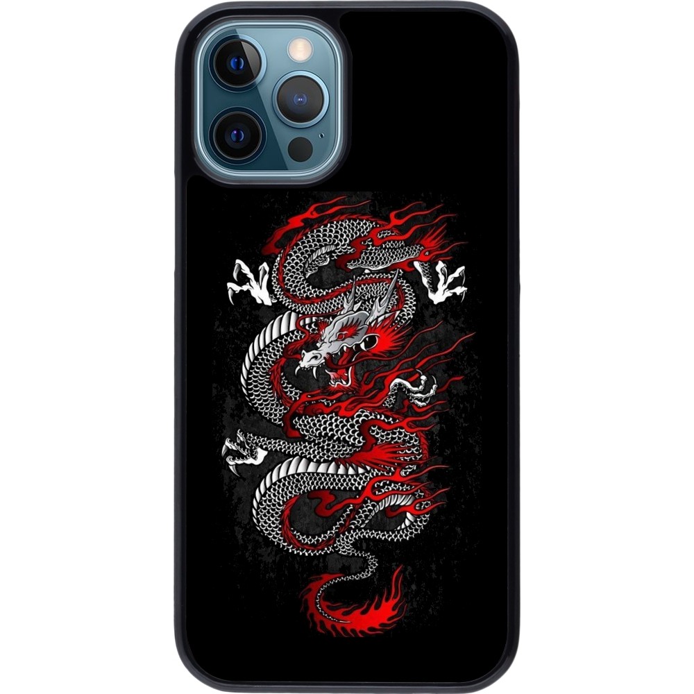 Coque iPhone 12 / 12 Pro - Japanese style Dragon Tattoo Red Black