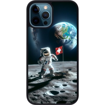 Coque iPhone 12 / 12 Pro - Silicone rigide noir Astro Suisse sur lune