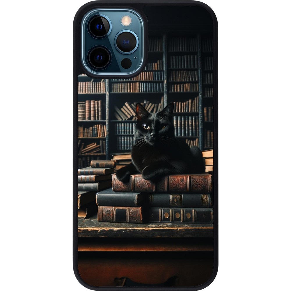 Coque iPhone 12 / 12 Pro - Silicone rigide noir Chat livres sombres