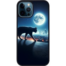 Coque iPhone 12 / 12 Pro - Silicone rigide noir Chat noir sous la pleine lune