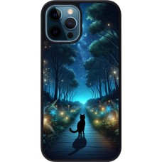 Coque iPhone 12 / 12 Pro - Silicone rigide noir Chat noir promenade