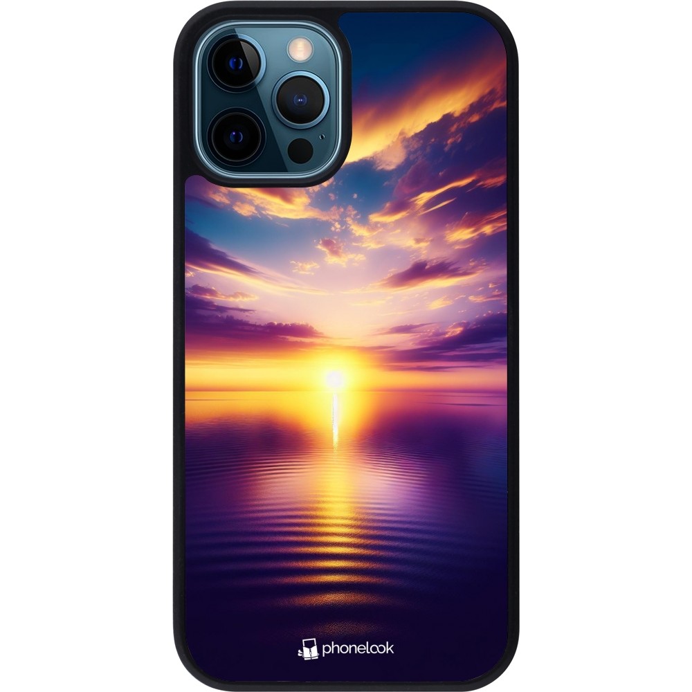 Coque iPhone 12 / 12 Pro - Silicone rigide noir Coucher soleil jaune violet