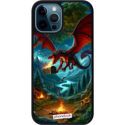 Coque iPhone 12 / 12 Pro - Silicone rigide noir Dragon Volant Forêt Trésor