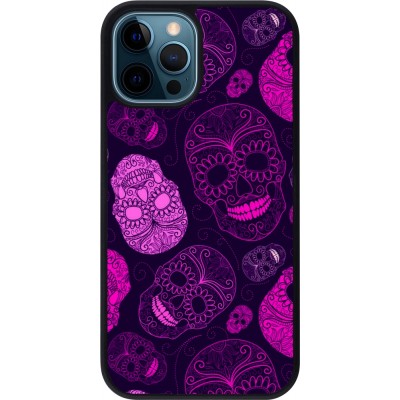 Coque iPhone 12 / 12 Pro - Silicone rigide noir Halloween 2023 pink skulls