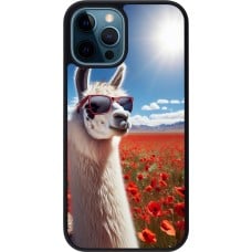 Coque iPhone 12 / 12 Pro - Silicone rigide noir Lama Chic en Coquelicot