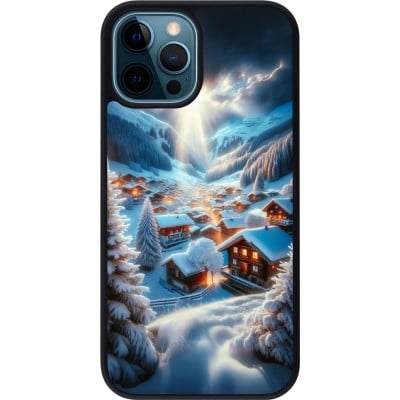 Coque iPhone 12 / 12 Pro - Silicone rigide noir Mont Neige Lumière