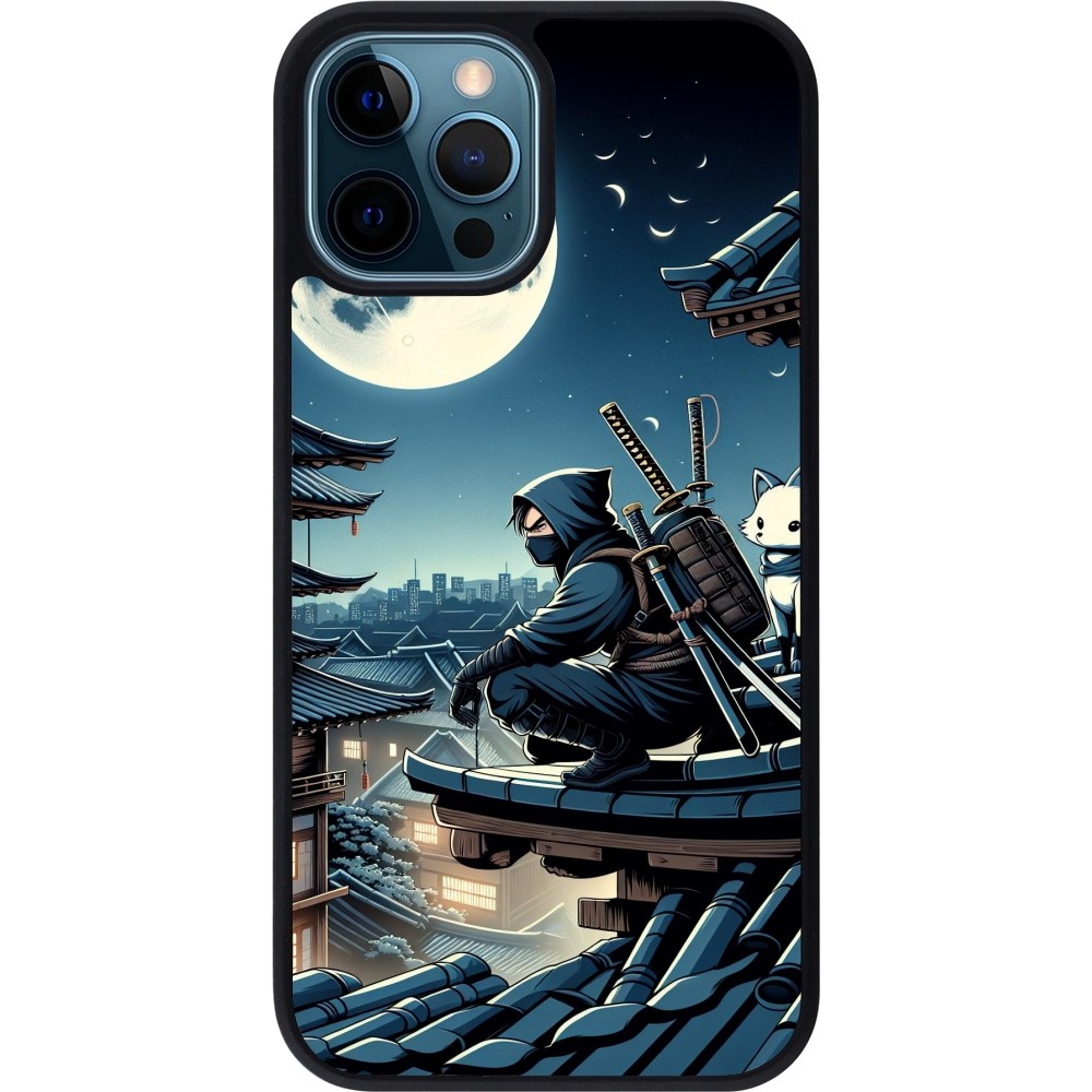 Coque iPhone 12 / 12 Pro - Silicone rigide noir Ninja sous la lune