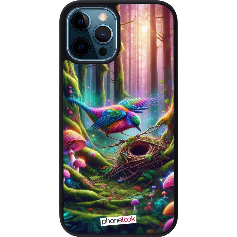 Coque iPhone 12 / 12 Pro - Silicone rigide noir Oiseau Nid Forêt