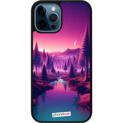 Coque iPhone 12 / 12 Pro - Silicone rigide noir Paysage Violet-Rose