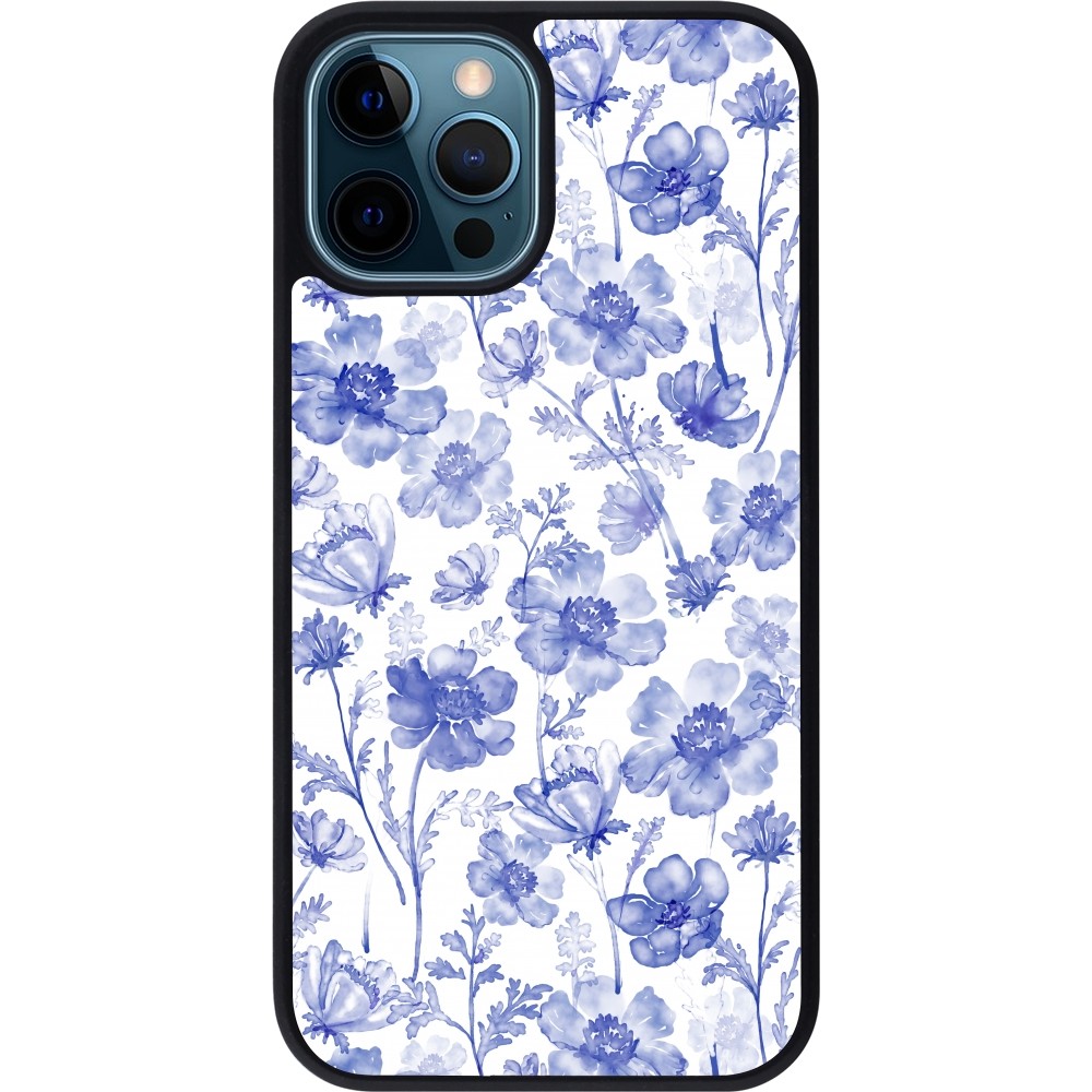 Coque iPhone 12 / 12 Pro - Silicone rigide noir Spring 23 watercolor blue flowers