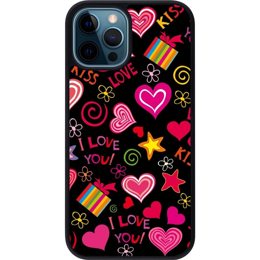 Coque iPhone 12 / 12 Pro - Silicone rigide noir Valentine 2023 love symbols