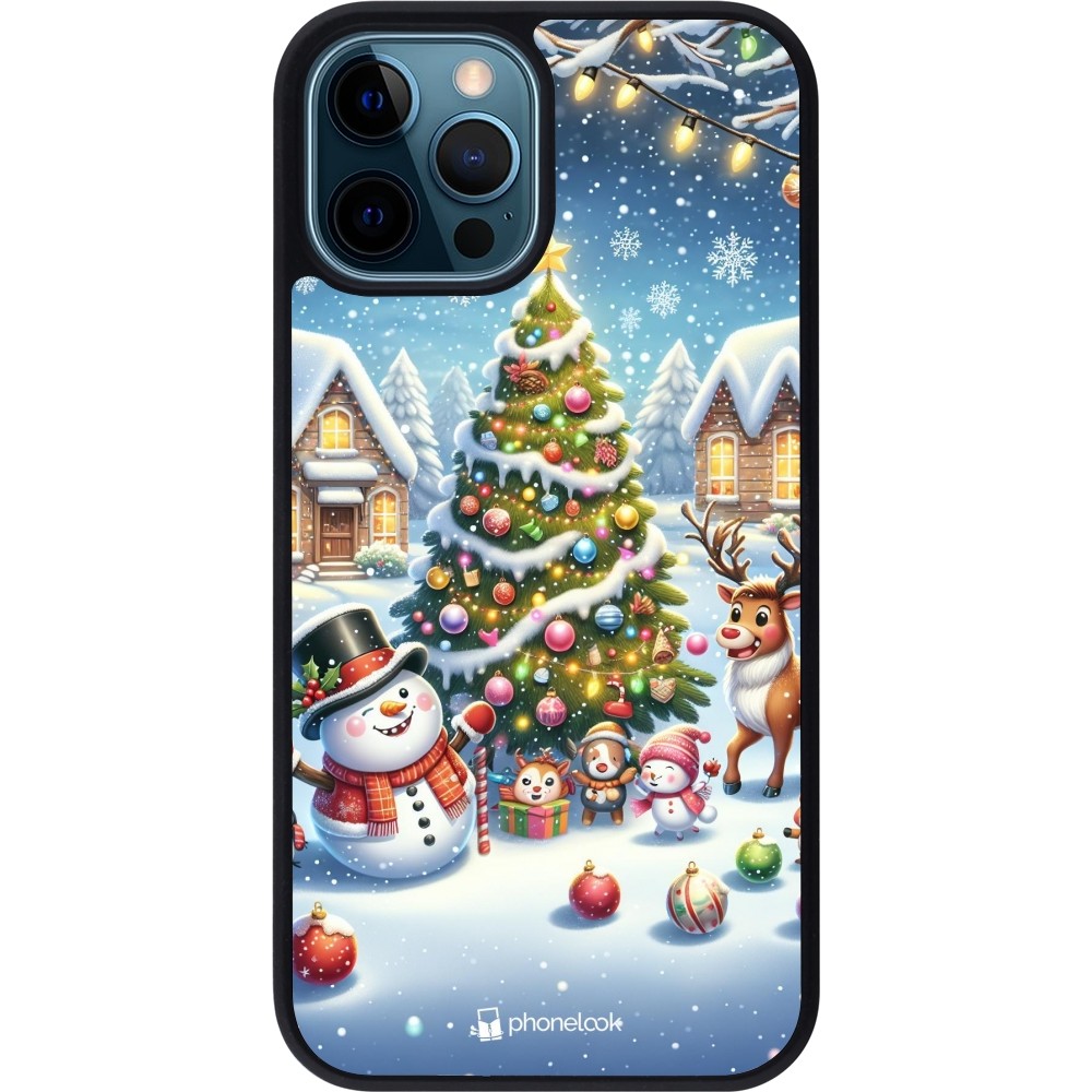 Coque iPhone 12 / 12 Pro - Silicone rigide noir Noël 2023 bonhomme de neige et sapin