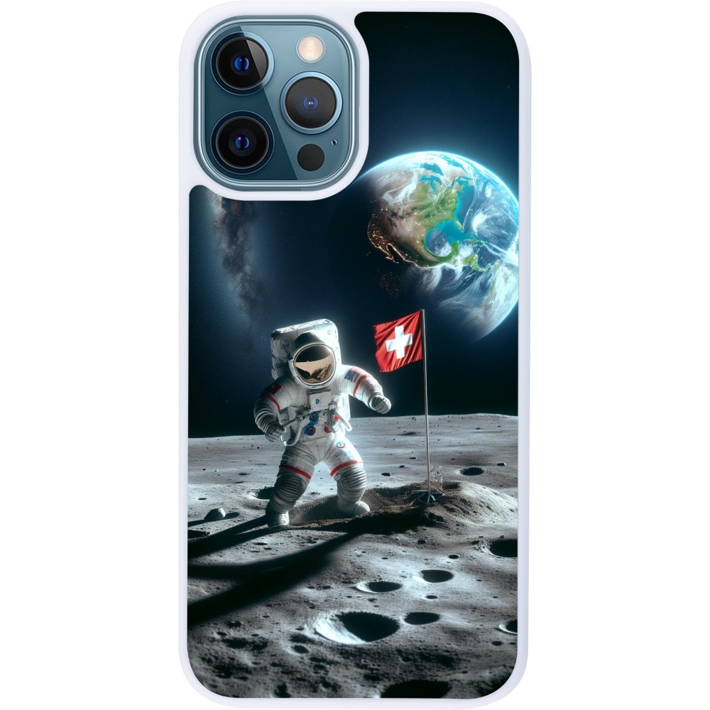 Coque iPhone 12 / 12 Pro - Silicone rigide blanc Astro Suisse sur lune