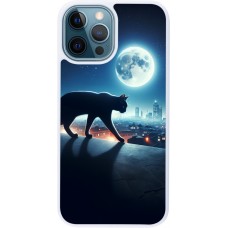 Coque iPhone 12 / 12 Pro - Silicone rigide blanc Chat noir sous la pleine lune