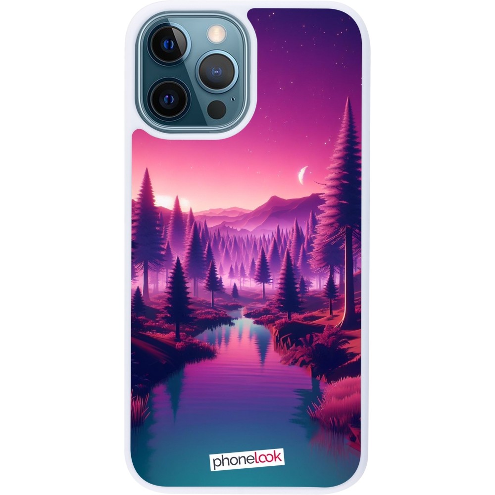 Coque iPhone 12 / 12 Pro - Silicone rigide blanc Paysage Violet-Rose