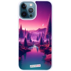 Coque iPhone 12 / 12 Pro - Silicone rigide blanc Paysage Violet-Rose