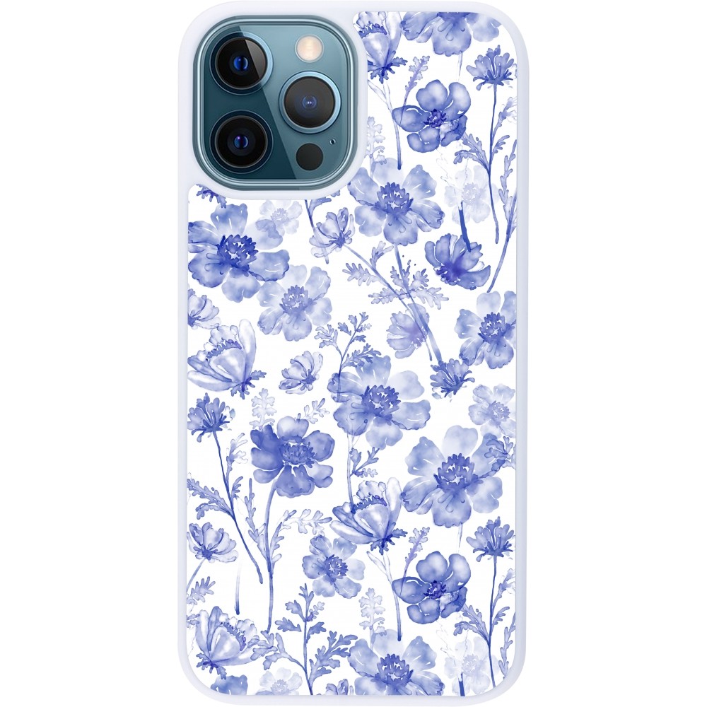 Coque iPhone 12 / 12 Pro - Silicone rigide blanc Spring 23 watercolor blue flowers